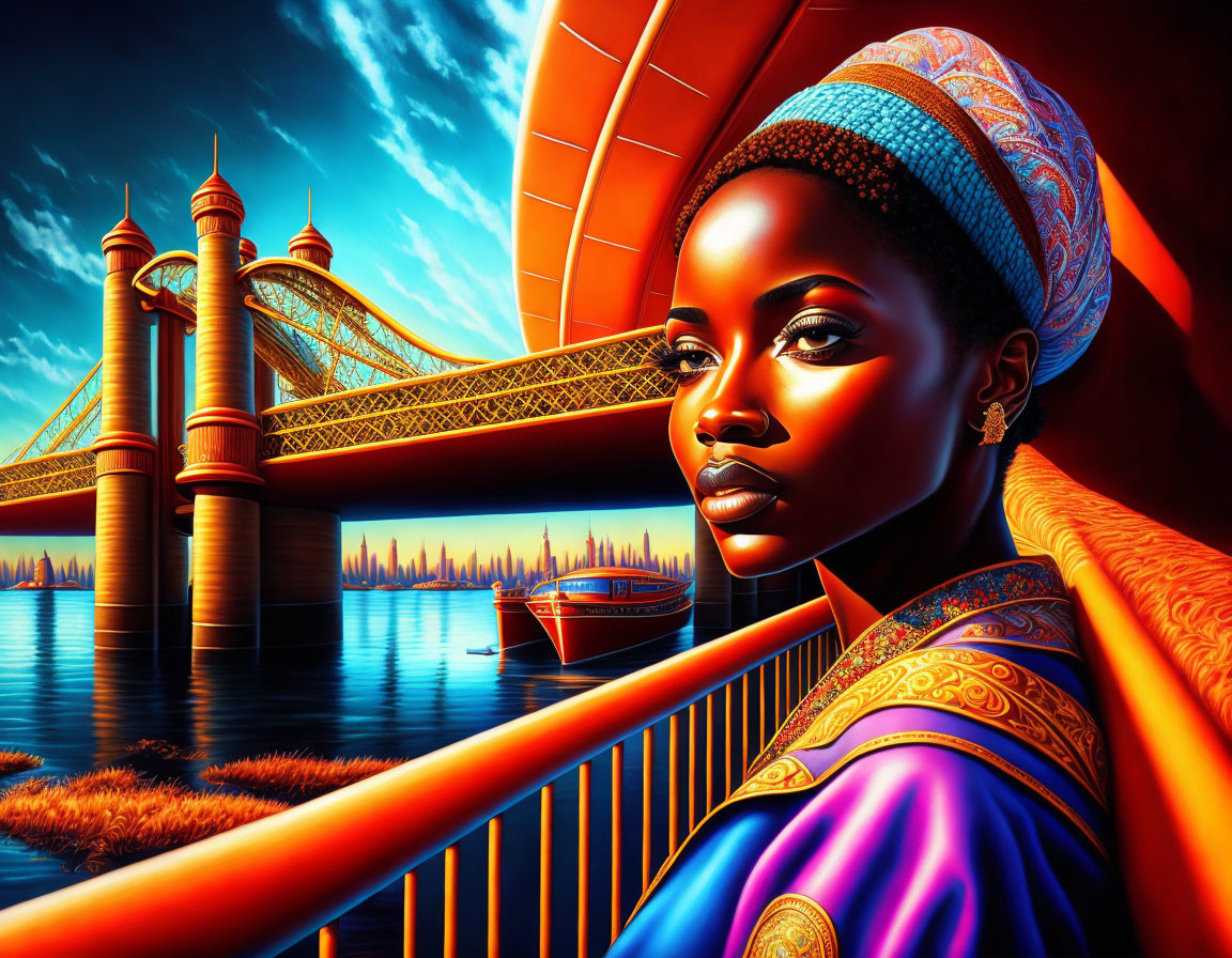 Colorful African Woman in Traditional Attire with River Landscape and Sunset