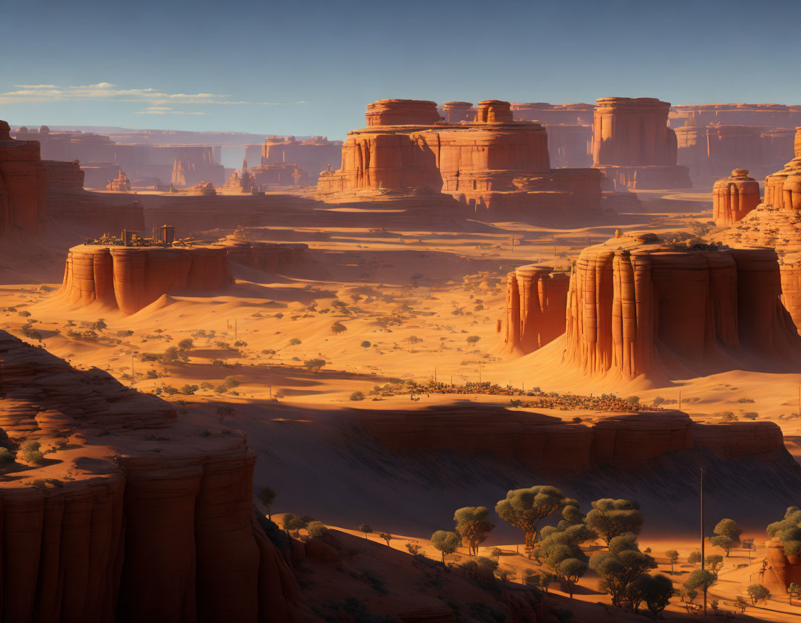 Majestic desert landscape with red sandstone formations under blue sky
