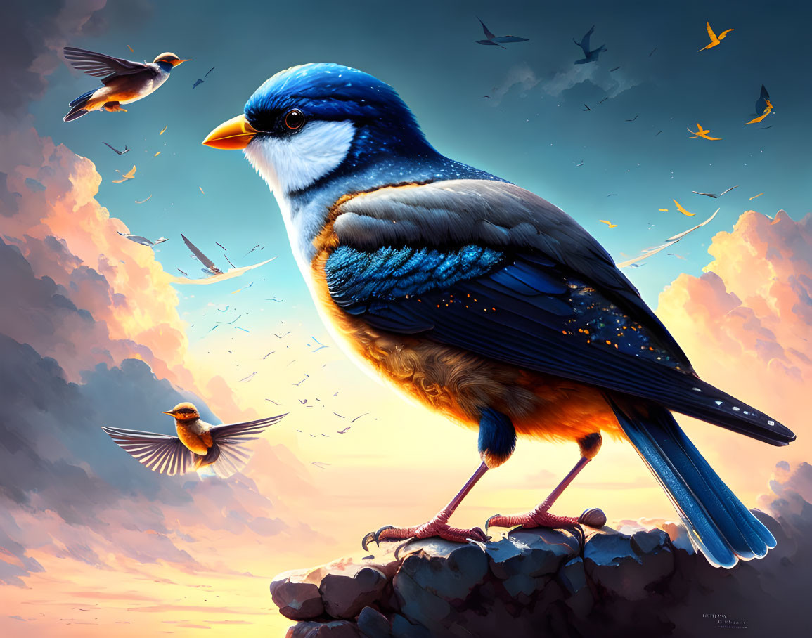 Stylized large blue and orange bird perched on rock with smaller birds in sunset sky