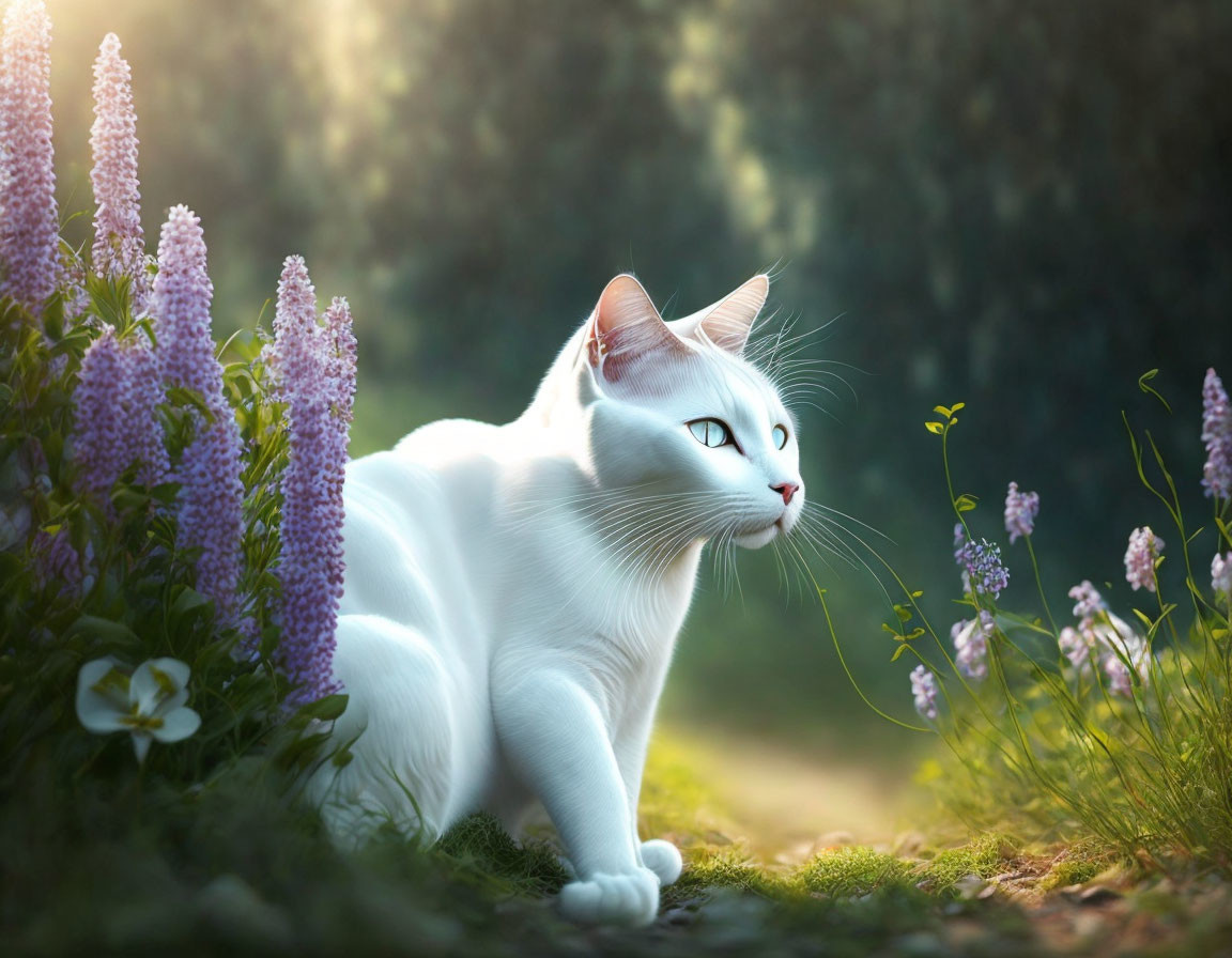 White Cat with Green Eyes in Serene Garden Among Purple Flowers