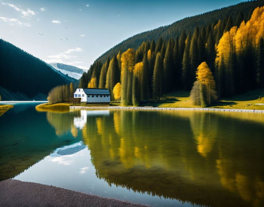 Tranquil white house by autumn lake with golden trees and forested hills