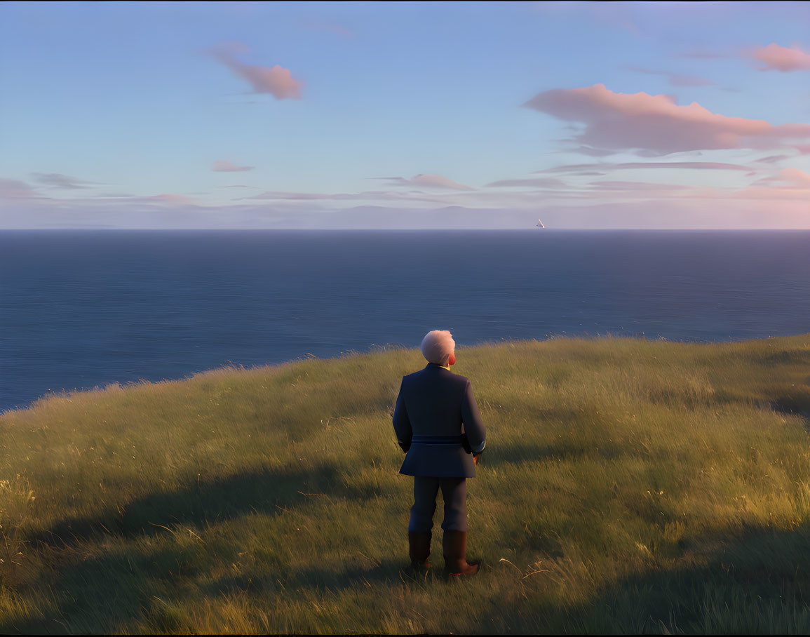 Animated character on grassy hilltop gazing at sea at dusk
