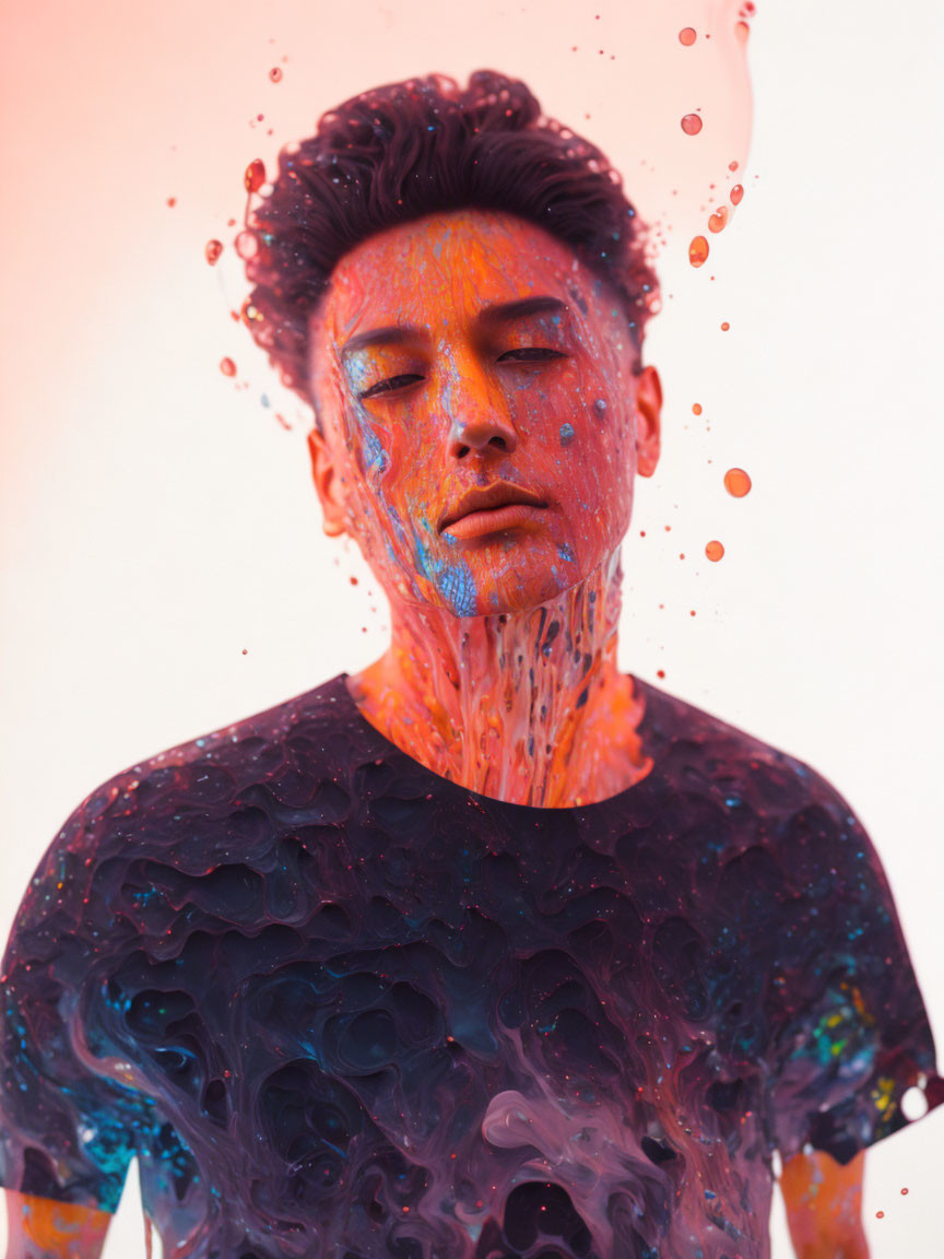 Person with Closed Eyes Splattered in Blue and Purple Paint on Pink Background