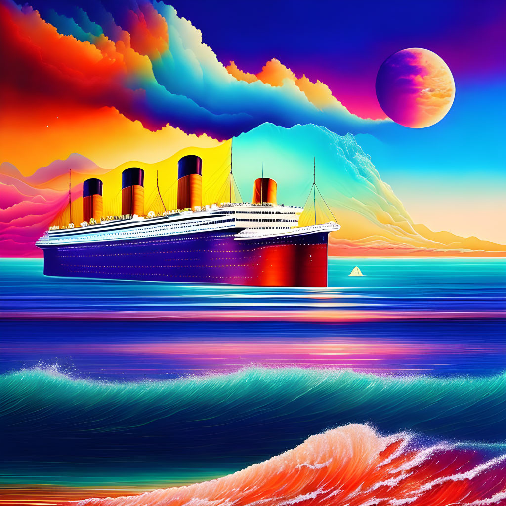 Colorful digital art of ocean liner on vibrant sea with surreal clouds, iceberg, and moon