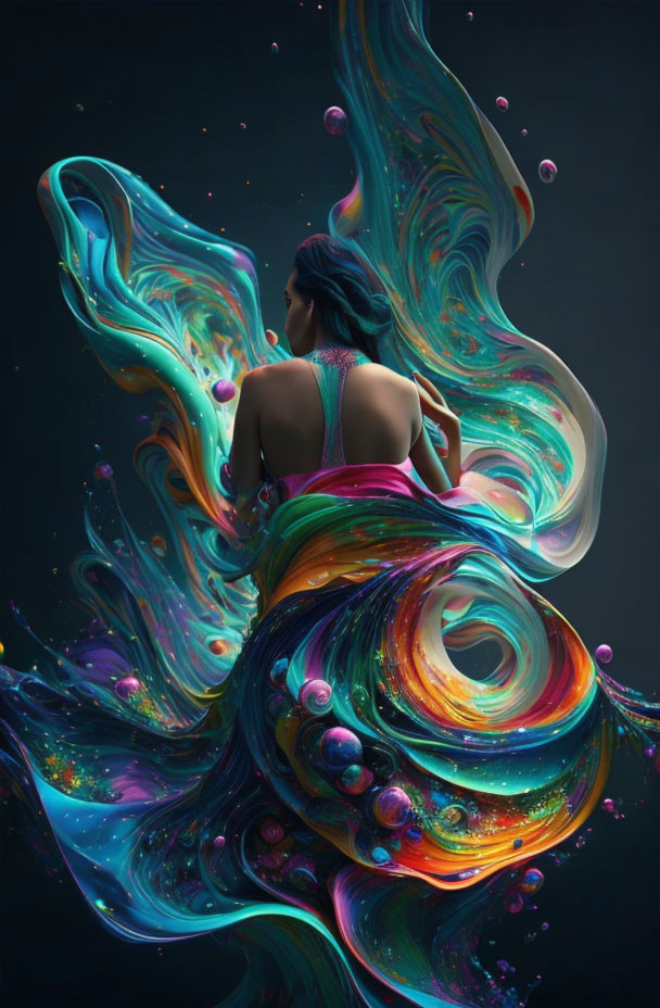 Colorful Abstract Swirl Patterns on Woman Against Dark Background
