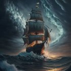 Spectral whale figures and sailing ship in stormy ocean scene