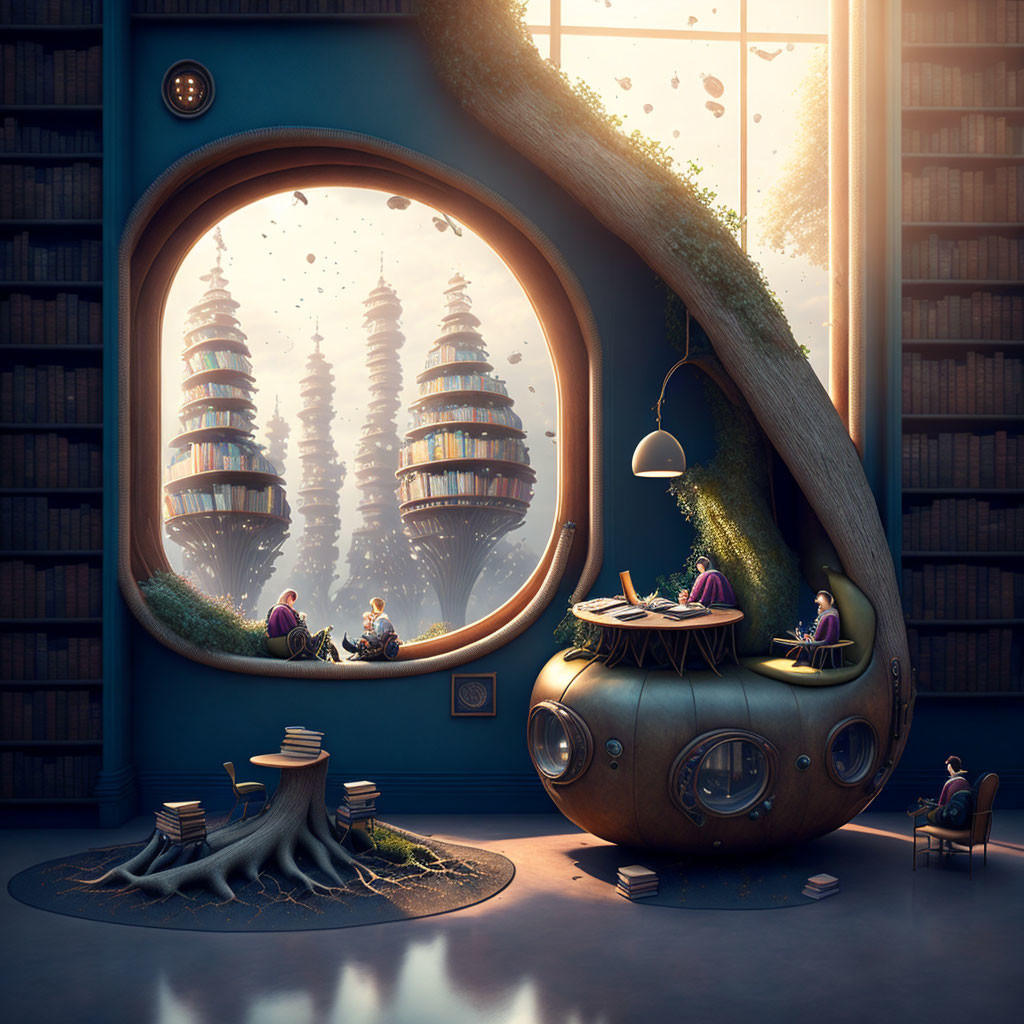 Fantasy-themed room with large porthole window and tree-integrated interior.