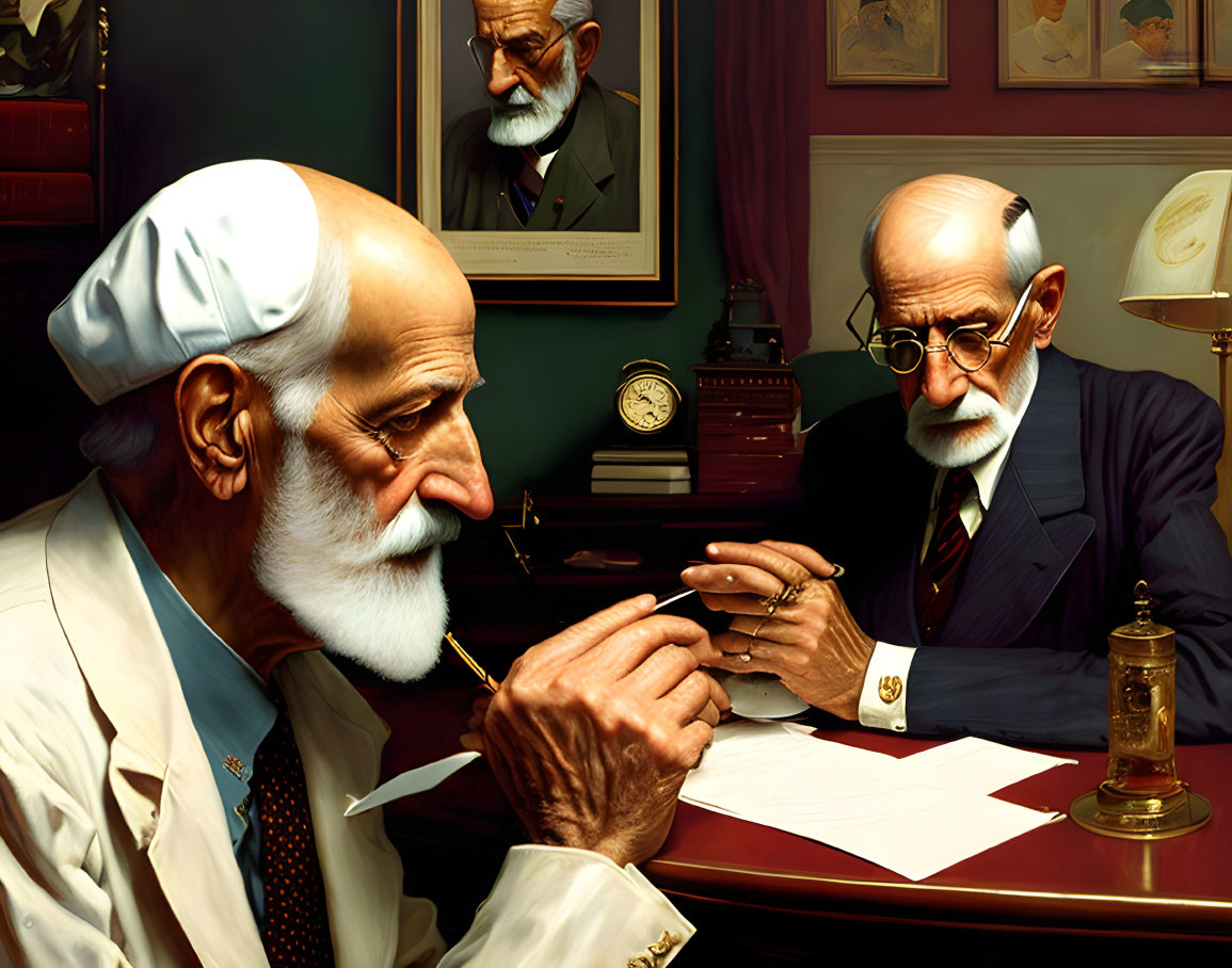 Illustration of two elderly bearded men in vintage office setting