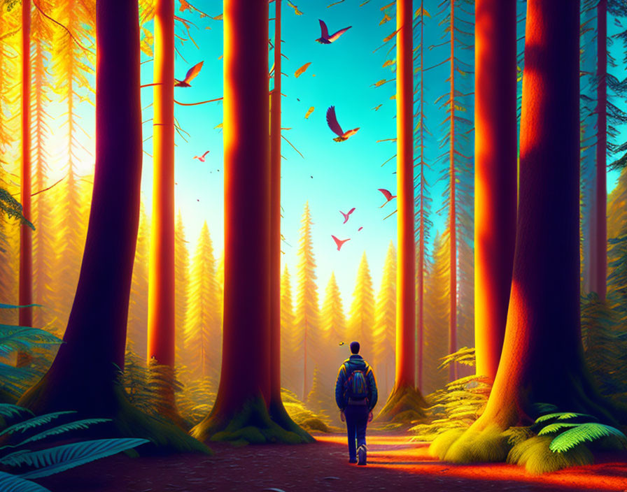 Solitary figure in vibrant forest with backpack