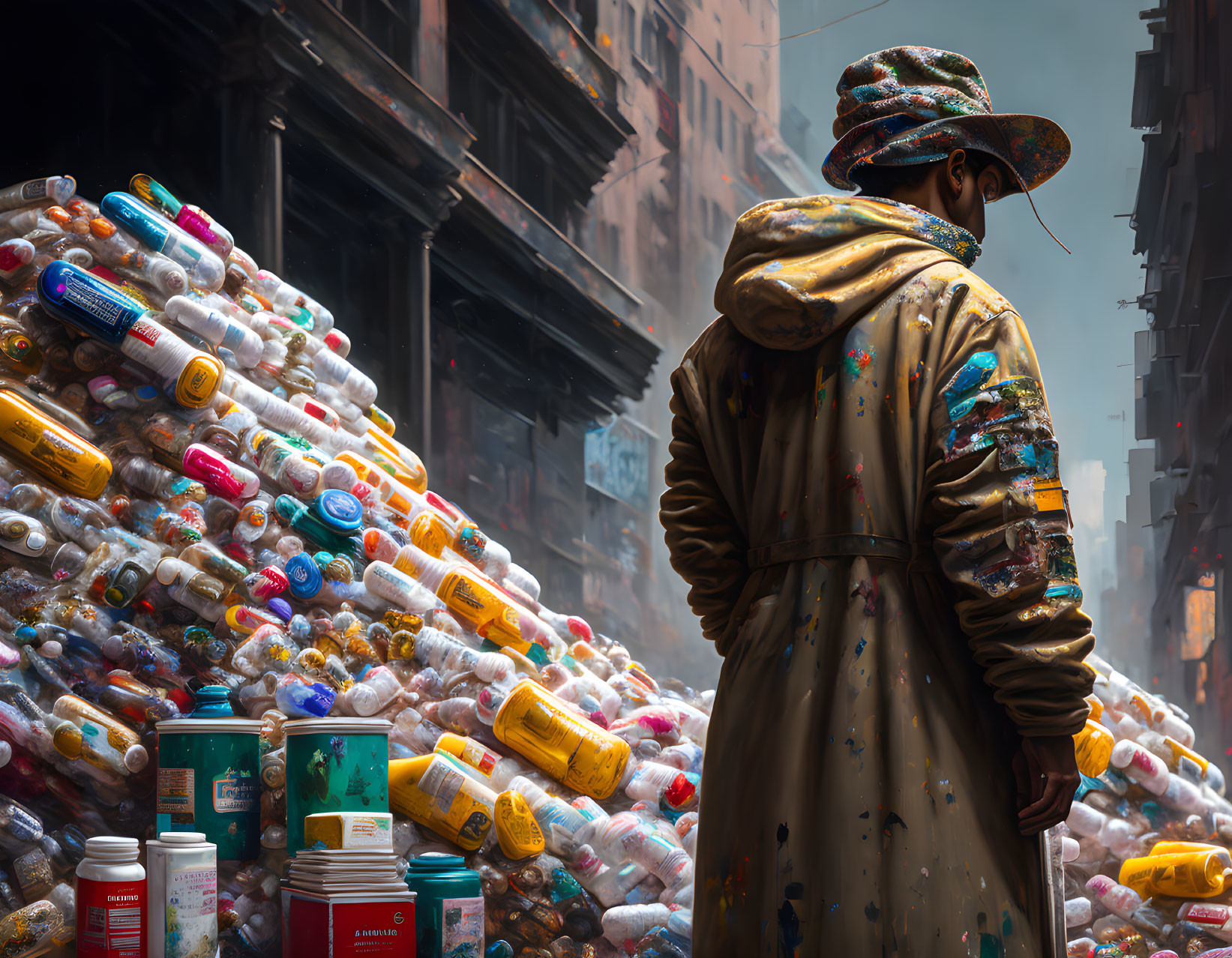 Person in Paint-Splattered Coat Observing Colorful Plastic Waste in Urban Alleyway