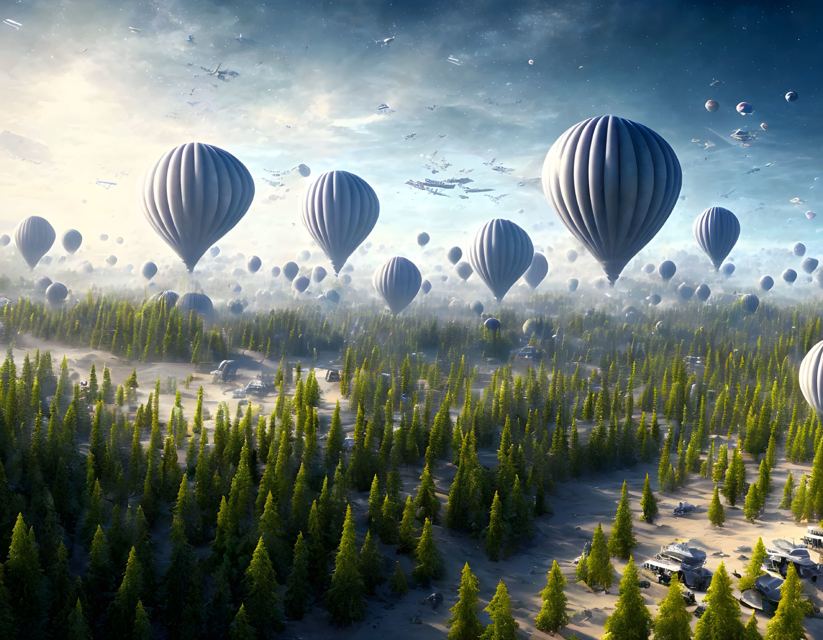 Fantastical landscape with hot air balloons, pine forest, floating rock islands, and spaceships.