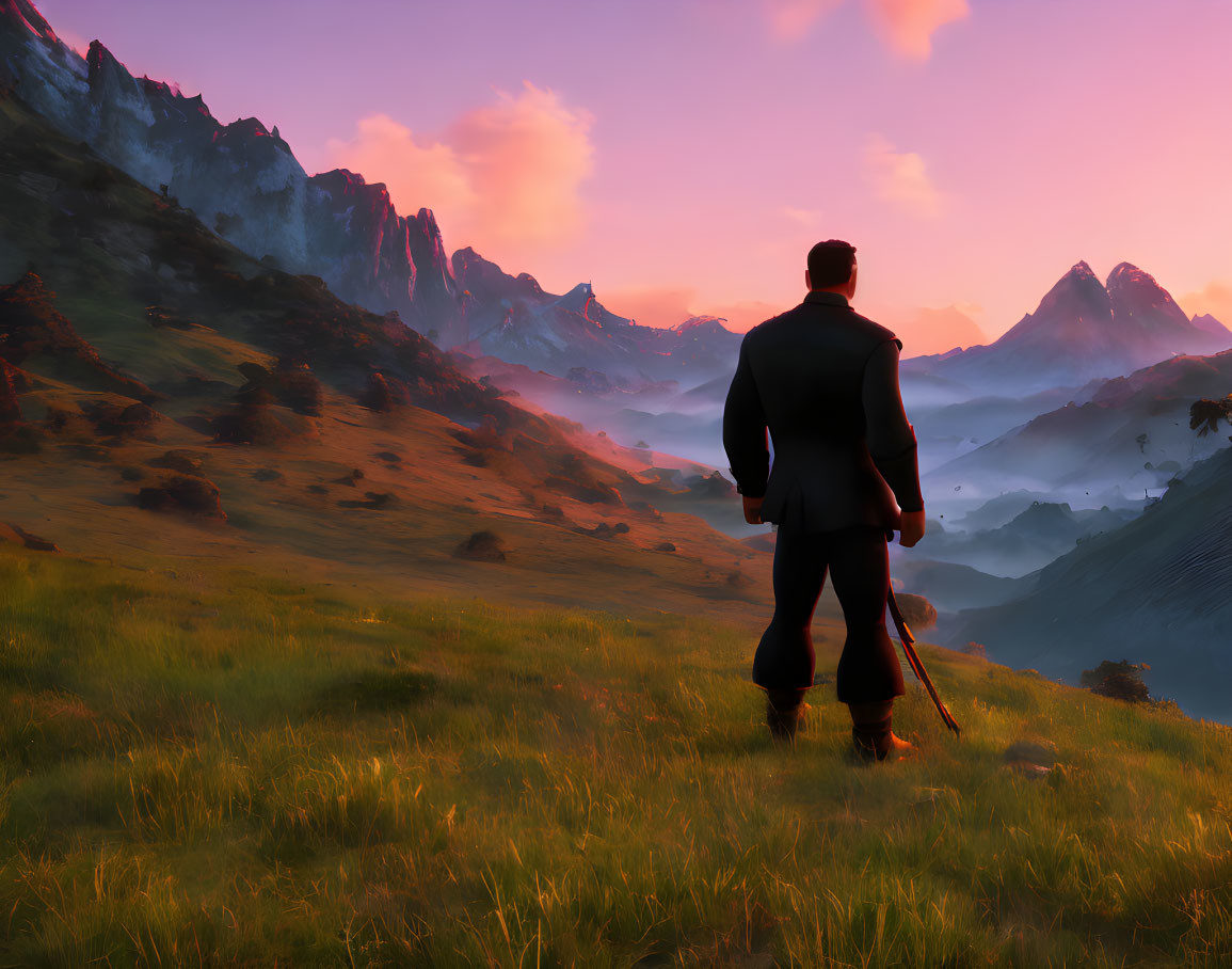 Man in suit gazes at mountains in field at sunrise