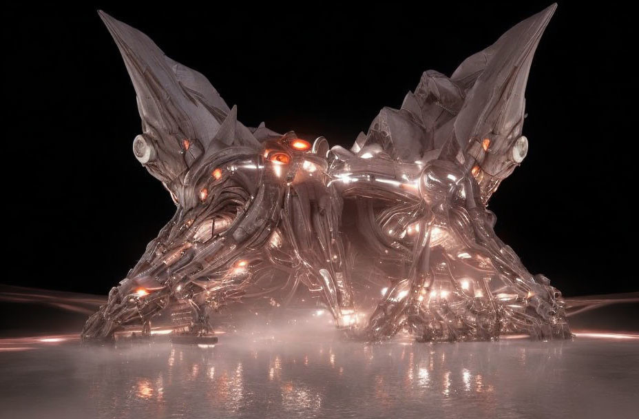 Metallic Dragon-like Structure with Glowing Orange Eyes on Dark Background