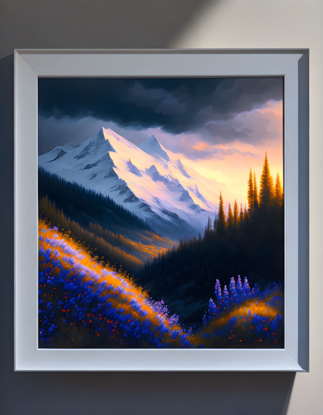 Vibrant mountain landscape with snowy peaks, orange sunset skies, blue and purple flowers