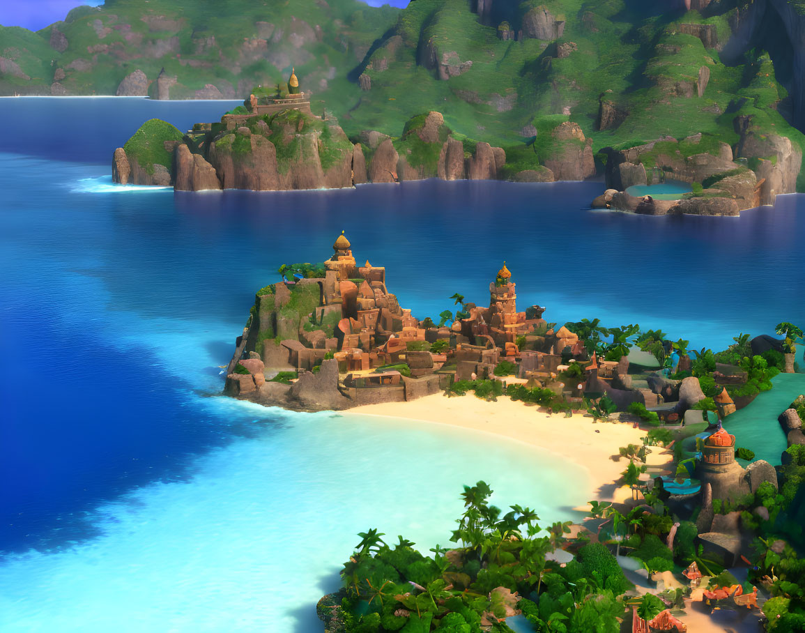 Scenic coastal landscape with sandy beach, blue waters, greenery, and ancient temple structures.