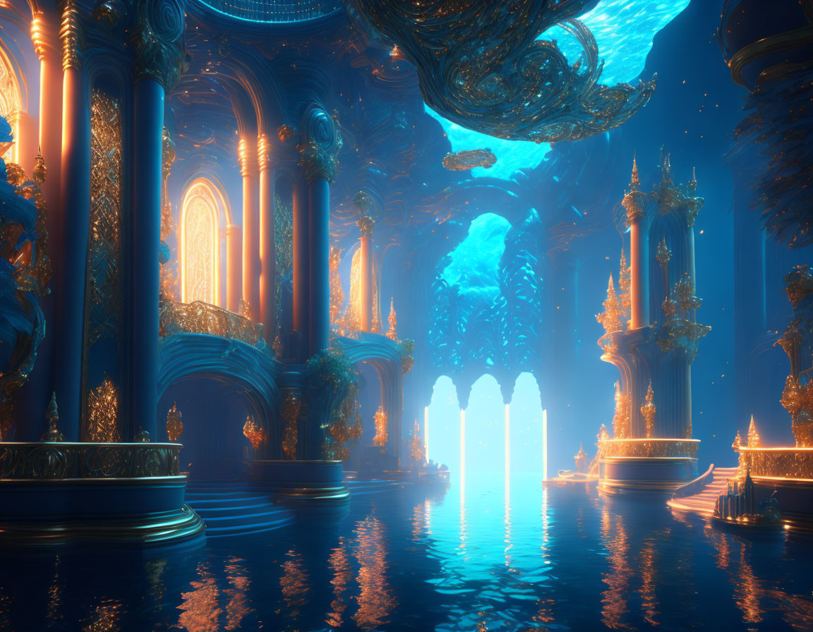 Elegant underwater palace with glowing lights and intricate architecture