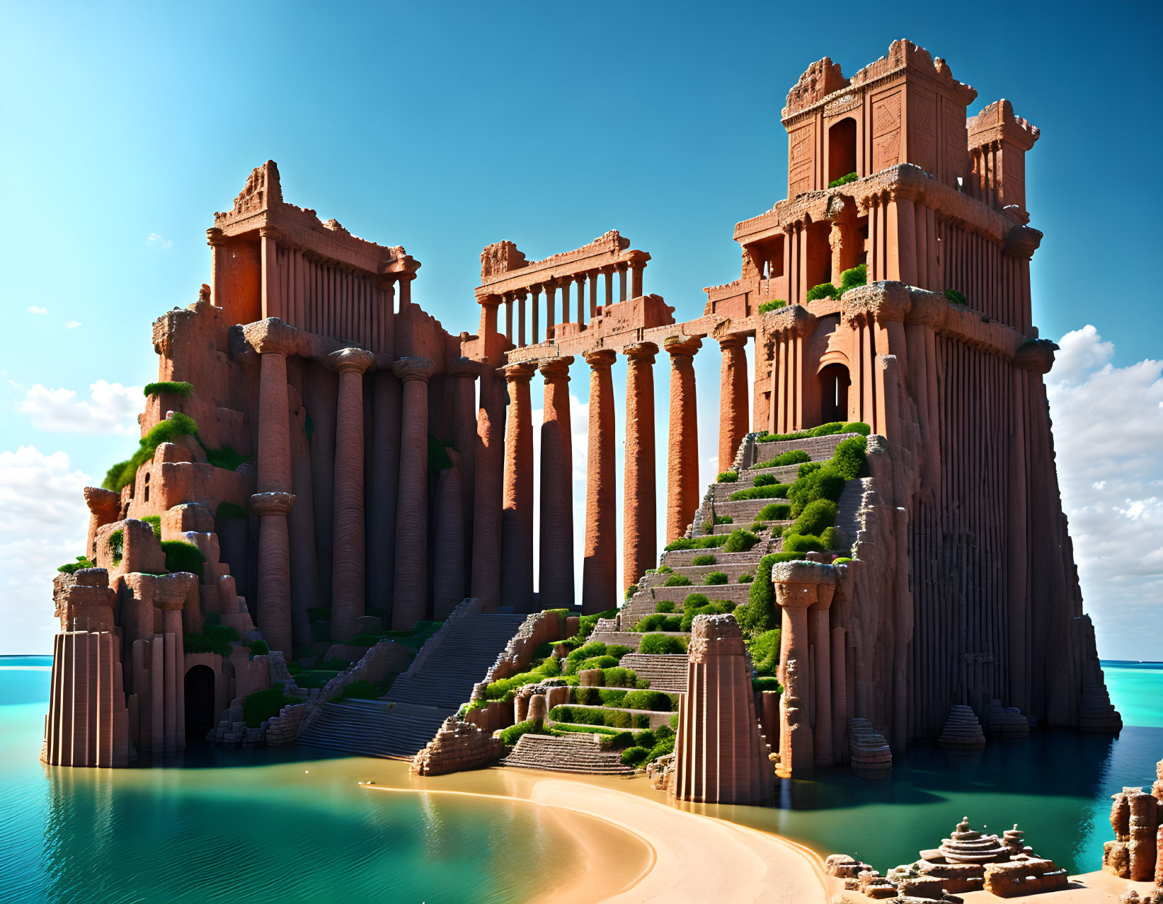 Sandy temple with towering columns on rocky cliff by turquoise sea