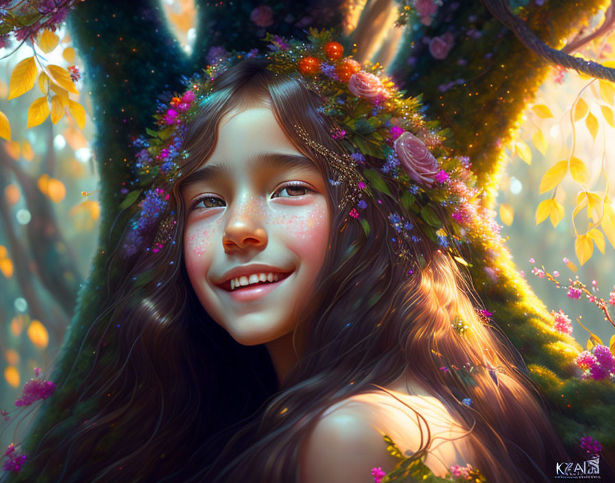 Digital painting of joyful girl in floral hair adornments in magical forest
