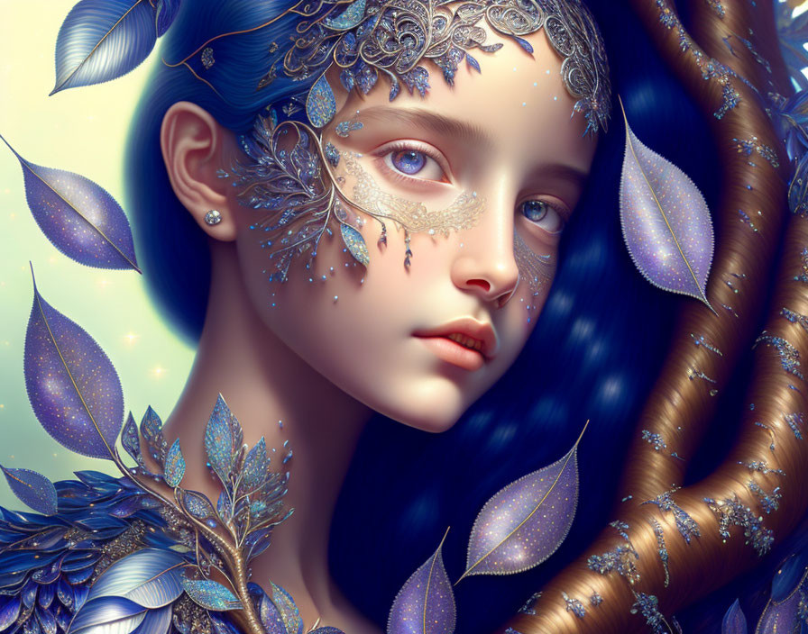 Digital Artwork: Girl with Blue Hair and Silver Filigree Embellishments