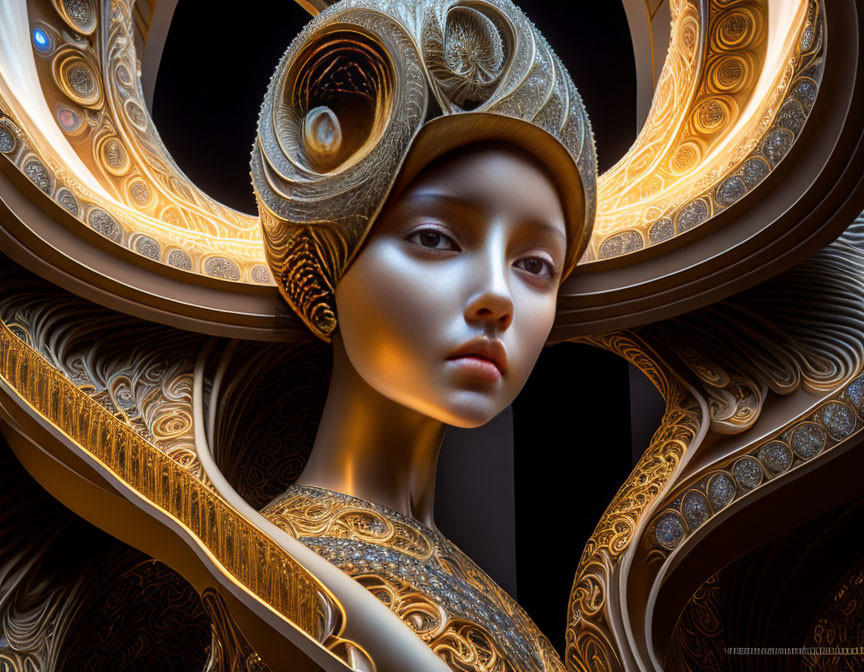 Elaborate Golden Headgear on Humanoid Figure in Digital Art