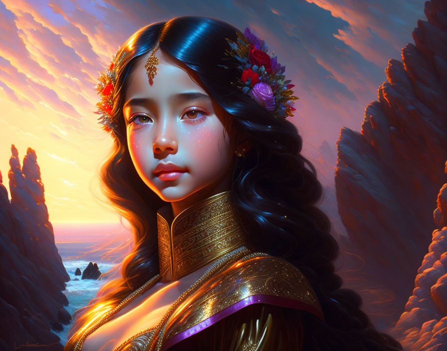 Digital artwork: Woman with dark hair, floral adornments, golden attire by cliffs at sunset