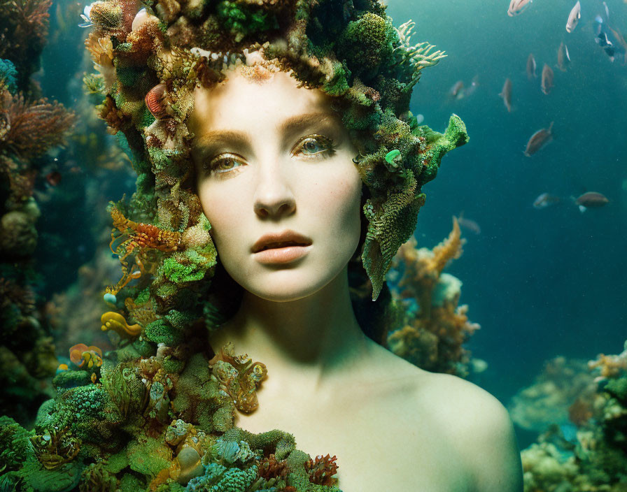 Elaborate Coral-Inspired Headdress on Woman in Underwater Scene