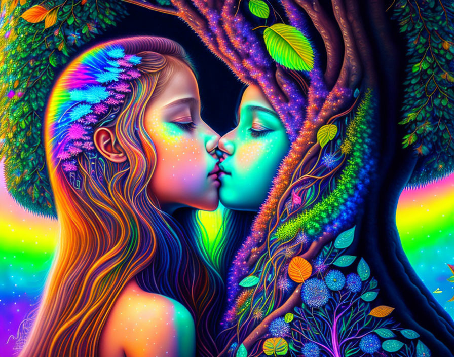 Colorful digital artwork: Woman's face merges with tree in nature scene