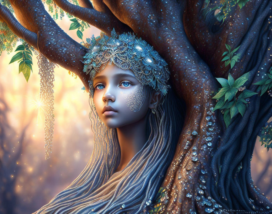 Fantasy illustration of woman with blue skin and silver headdress by tree