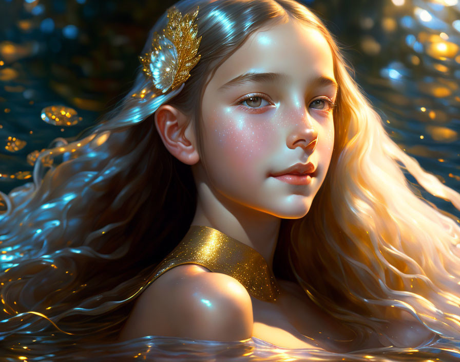 Digital Artwork: Young Girl with Flowing Hair and Golden Adornment