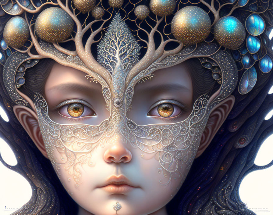 Digital Illustration: Girl with Metallic Filigree, Tree Crown, Amber Eyes
