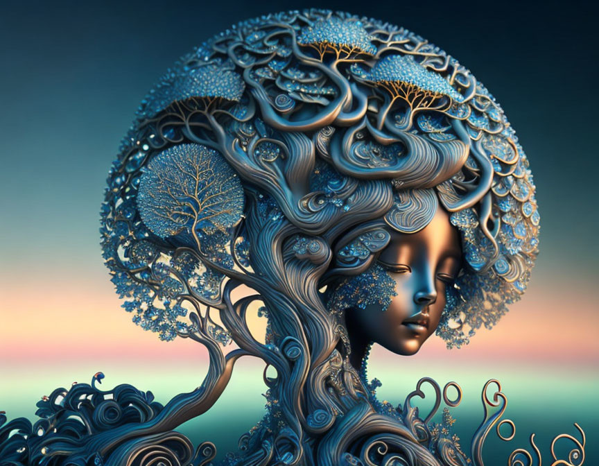 Surreal artwork: Woman with tree-like hair in twilight sky