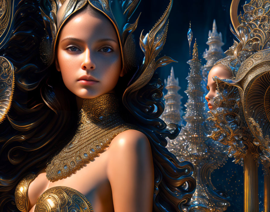 Digital Artwork: Woman with Golden Headdress and Fantasy Architecture
