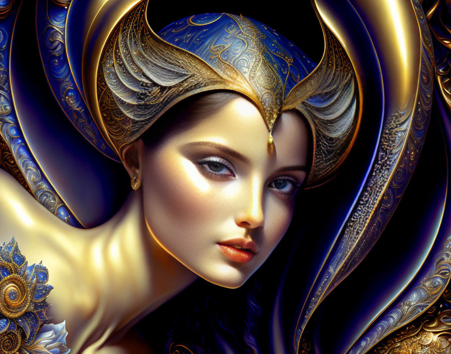 Woman with ornate gold and blue headdress in digital art portrait