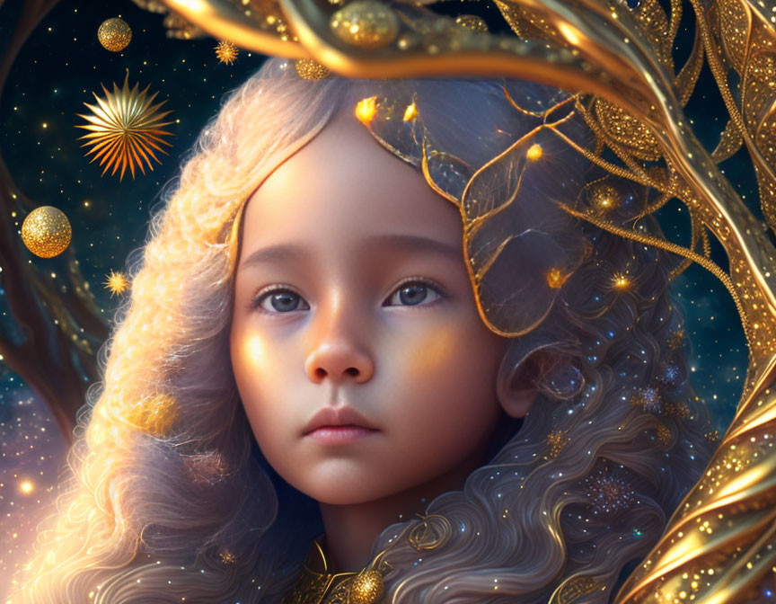 Child Portrait Surrounded by Golden Celestial Patterns and Orbs