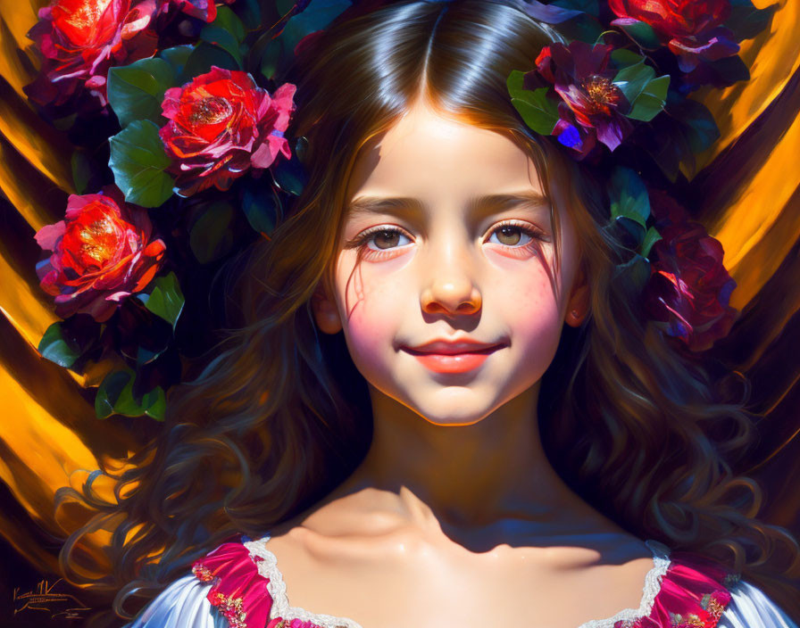 Young girl portrait surrounded by red roses under warm sunlight