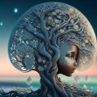 Surreal artwork: Woman with tree-like hair in twilight sky
