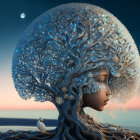 Girl's hair merges into intricate tree branches under twilight sky