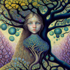 Surreal Artwork: Girl with Tree Branches Hair and Intricate Patterns