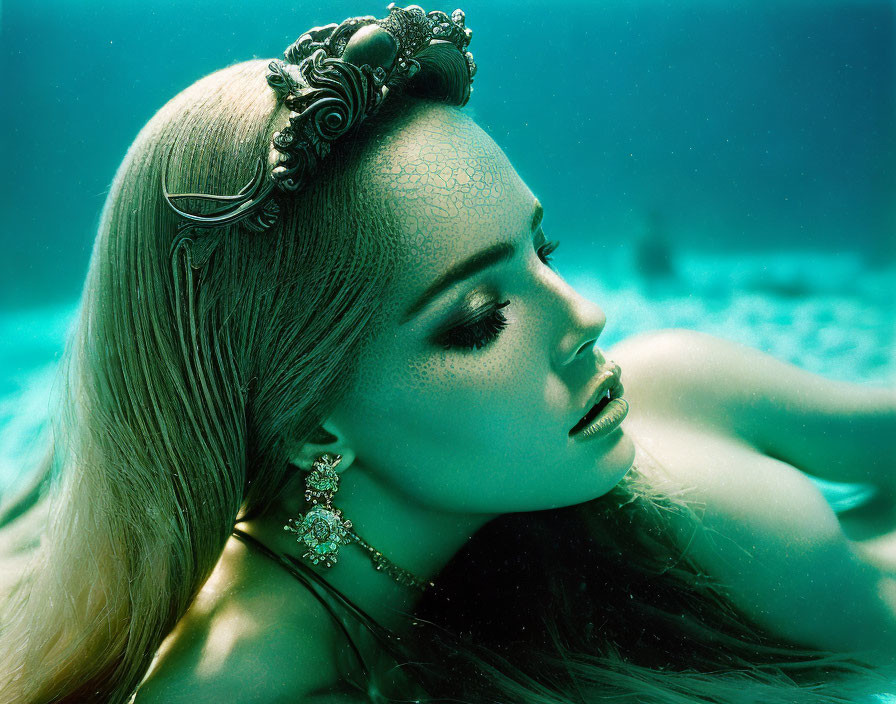 Underwater portrait of woman in intricate headpiece and jewelry