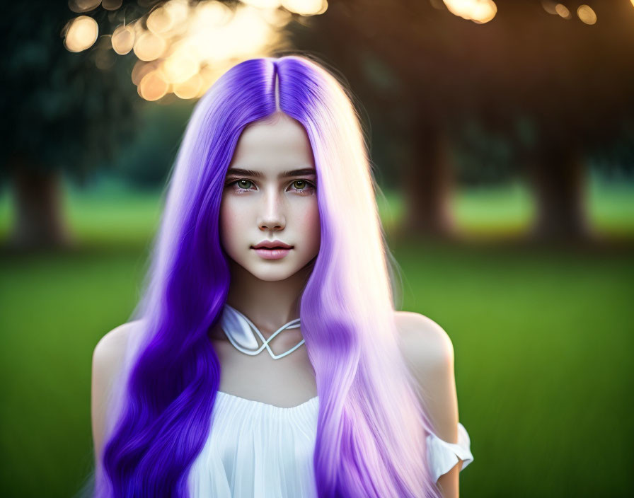 Woman with Purple Ombre Hair and Blue Eyes in Sunlit Field wearing White Dress