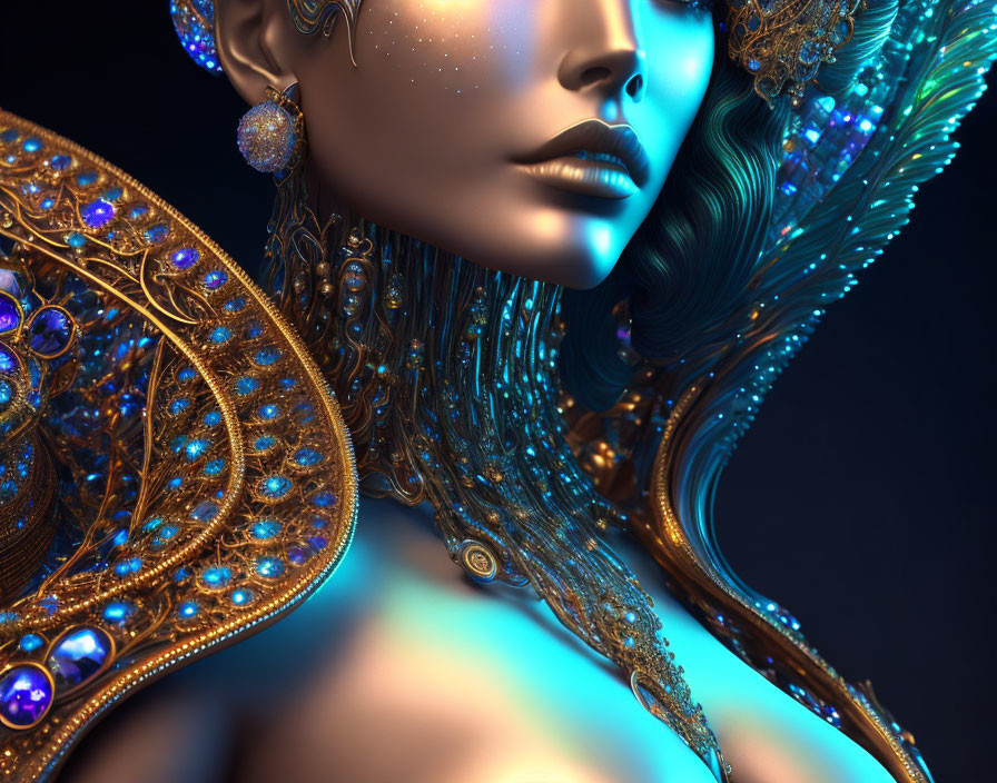 Blue-skinned woman in ornate gold and jewel accessories with intricate patterns