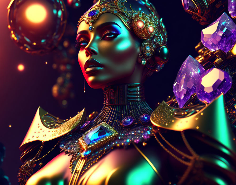 Digital Artwork: Woman in Futuristic Jewelry and Headdress with Glowing Orbs