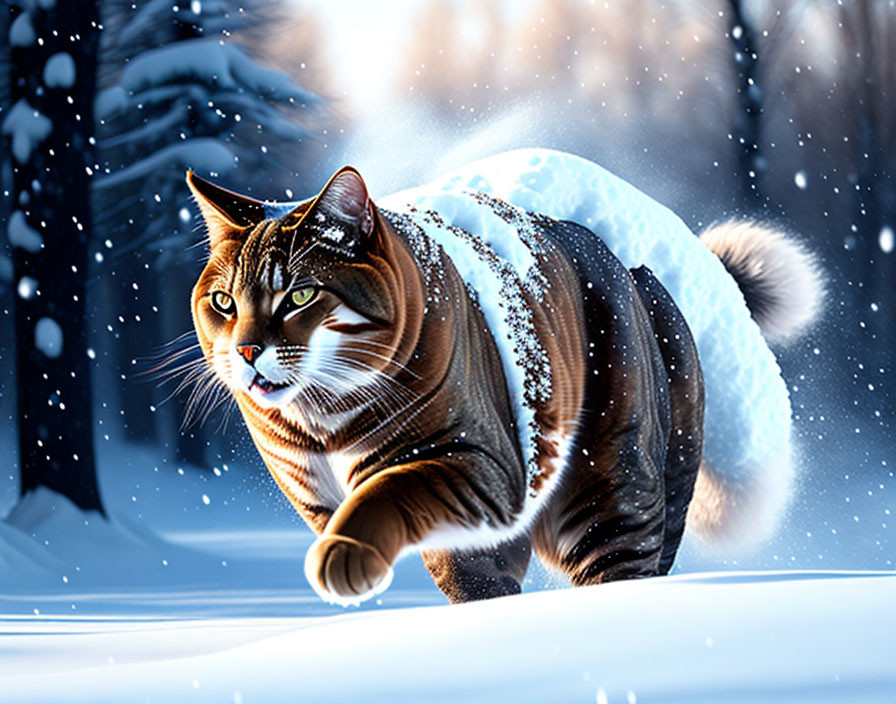 Robust tabby cat in snowy landscape with falling snowflakes