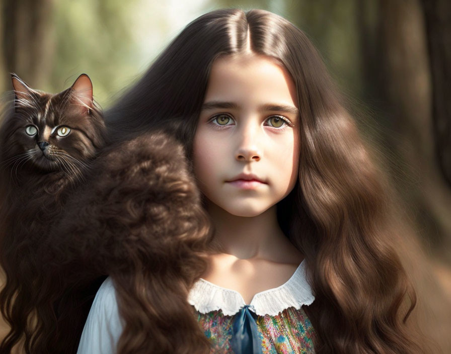 Young girl with long brown hair and green eyes with fluffy cat in forest.