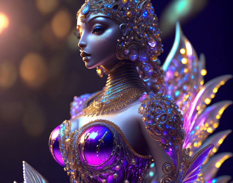 Fantasy character with metallic skin, golden headgear, feathered wings in 3D art