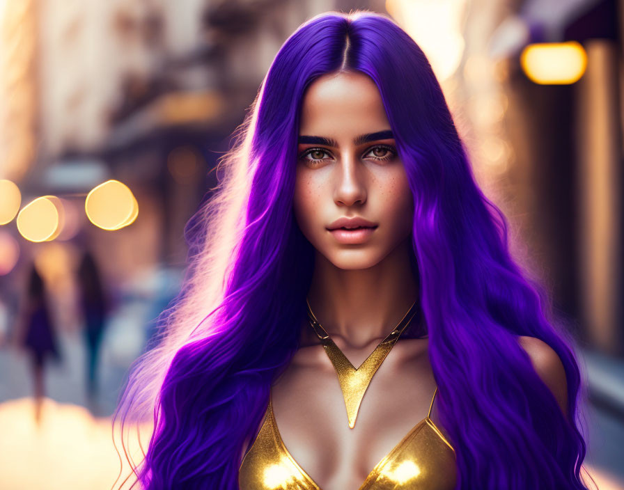 Vibrant purple-haired woman in golden outfit with blue eyes on city street
