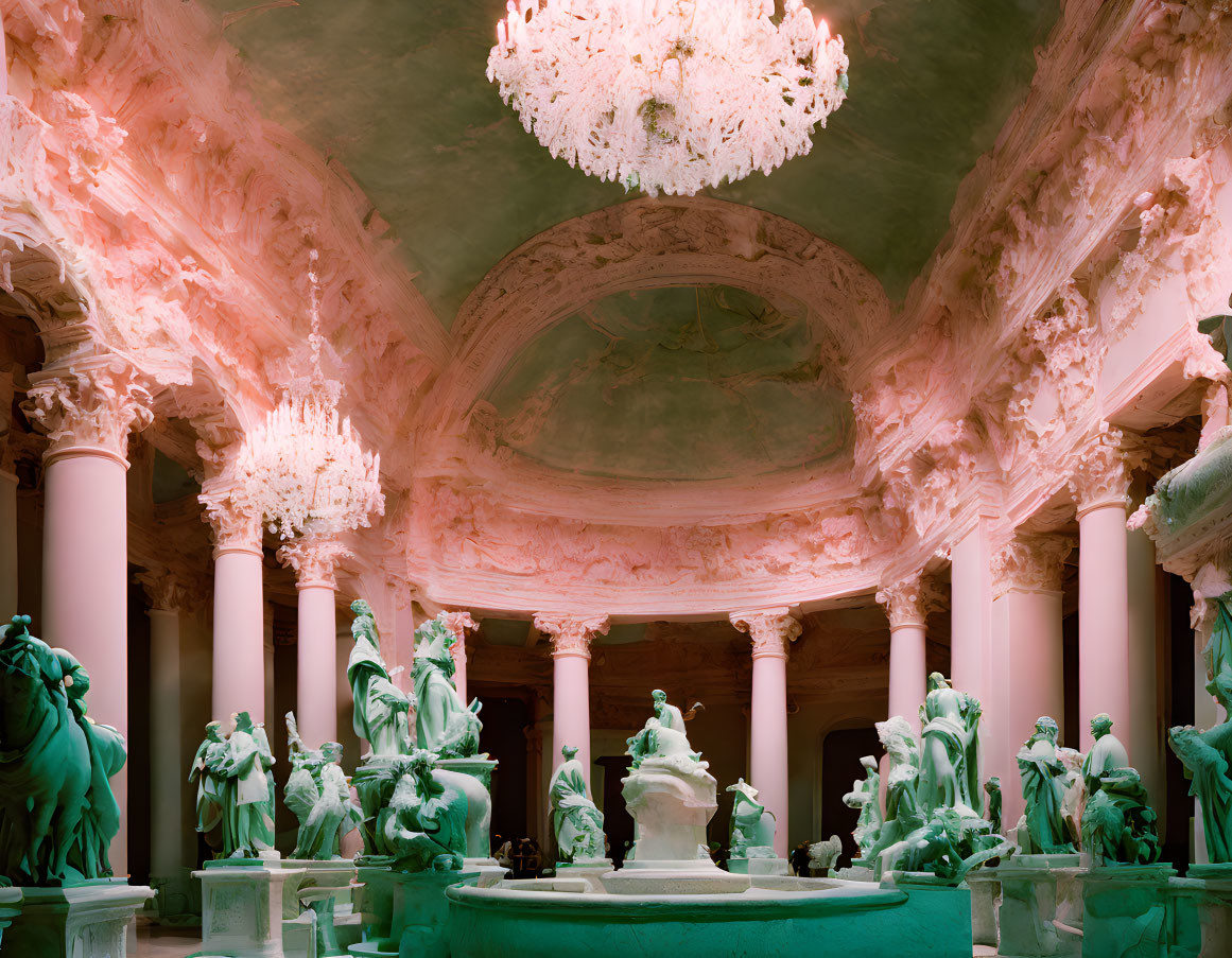 Elegant hall with classical sculptures, grand columns, intricate ceiling, and lavish chandelier