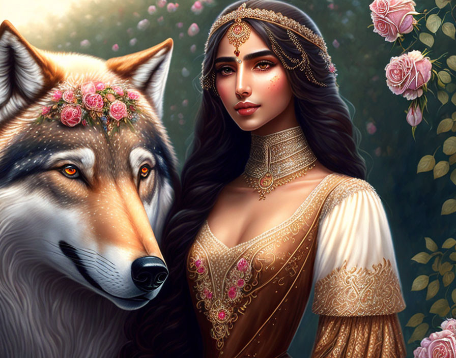 Illustrated woman in South Asian attire with wolf in floral setting