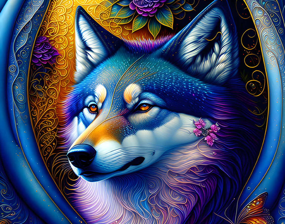 Colorful Wolf Illustration with Ornate Patterns and Fantasy Background