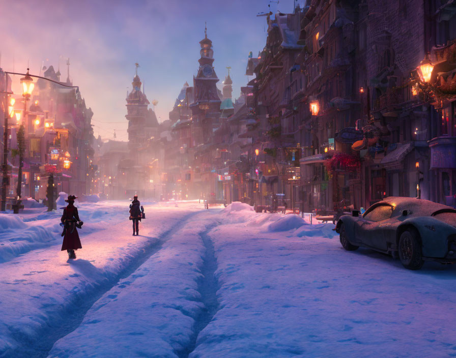 Twilight city scene with vintage architecture and snowy streets